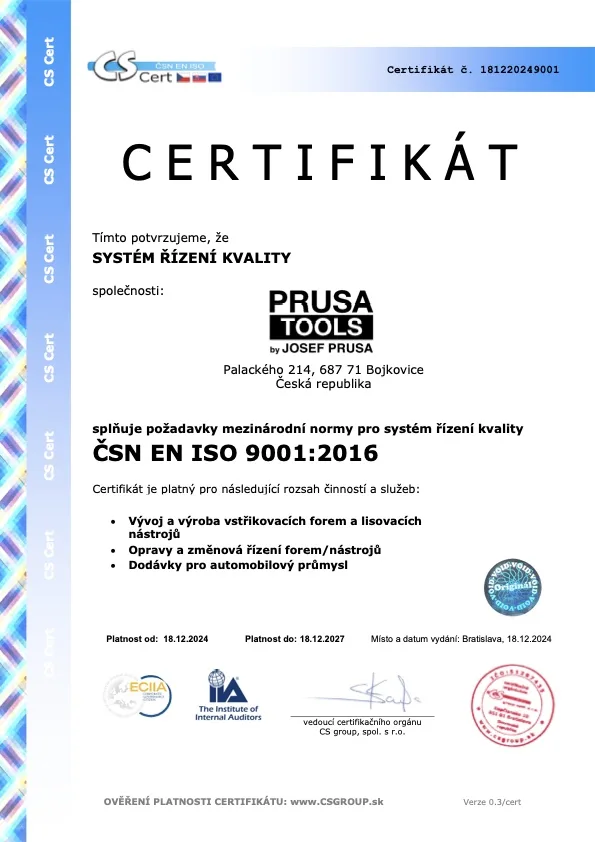 Certifikát ISO 9001 - česká verze